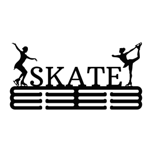 Black steel medal holder featuring the word 'SKATE' with two female roller skaters, one on each side, and 12 hooks for hanging medals.